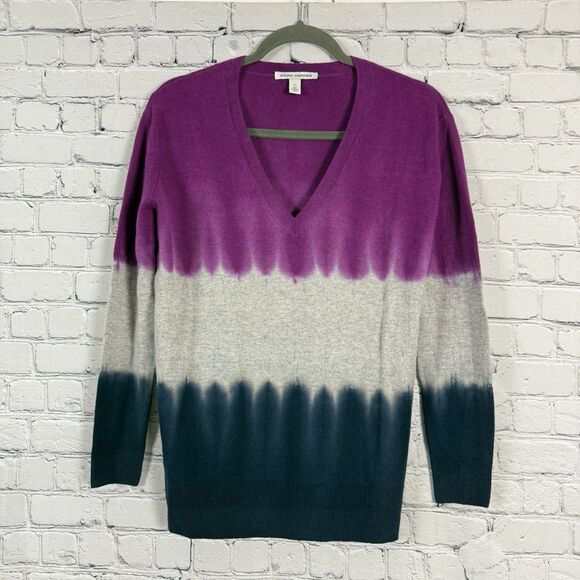 Autumn Cashmere V-Neck Pullover 100% Cashmere Sweater Tie Dye Multi Womens XS - Picture 2 of 6